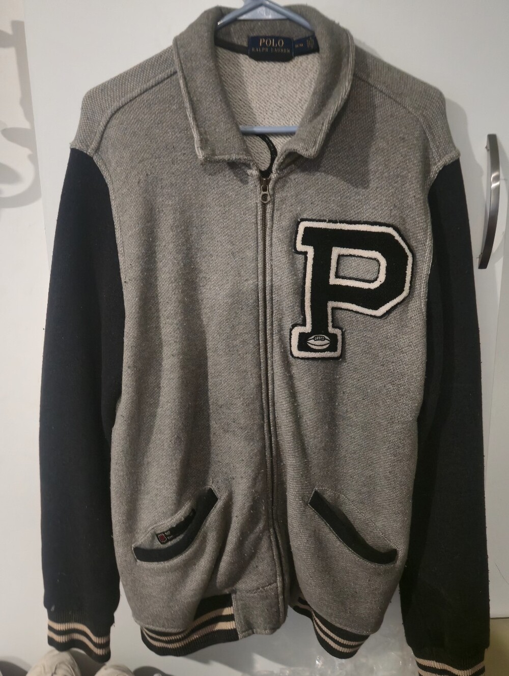Polo by Ralph Lauren Gray and Black Varsity Bomber Jacket